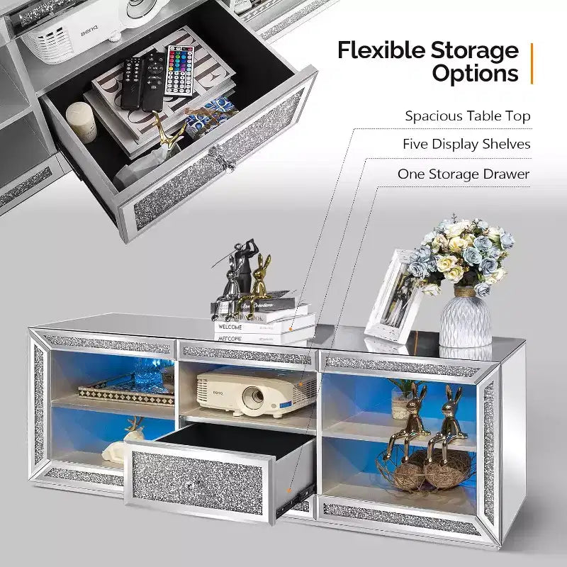 Meuble TV Miroir VINGLI avec Diamants Scintillants et Lumières LED pour TV Jusqu'à 65 Pouces, Meuble TV Moderne Assemblé