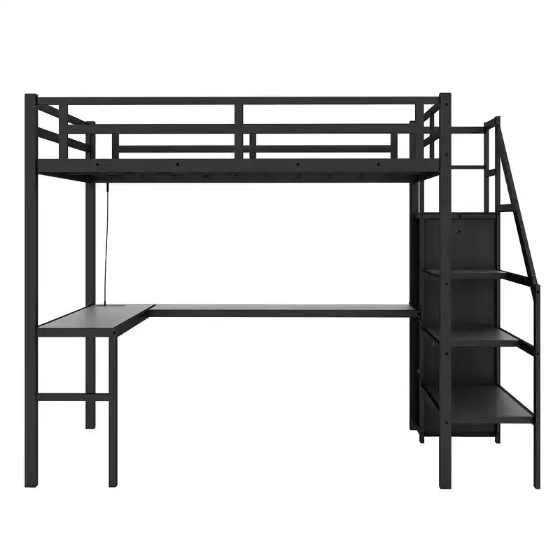 Lit mezzanine Bellemave Twin XL avec bureau en L, armoire et escaliers, lit mezzanine haut en métal avec USB, LED et étagères de rangement pour enfants, adolescents, adultes, noir