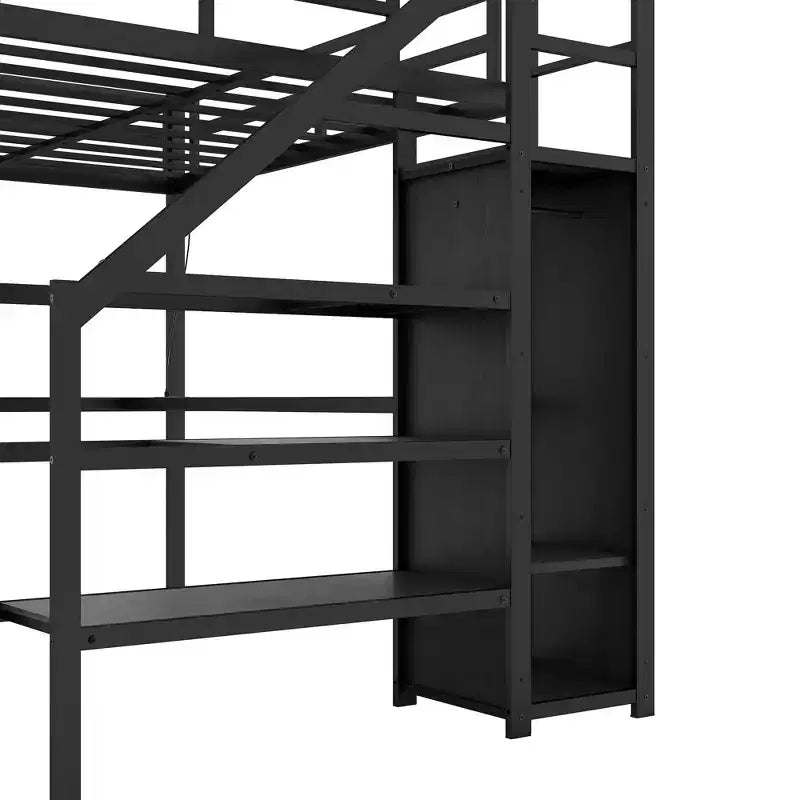 Lit mezzanine Bellemave Twin XL avec bureau en L, armoire et escaliers, lit mezzanine haut en métal avec USB, LED et étagères de rangement pour enfants, adolescents, adultes, noir