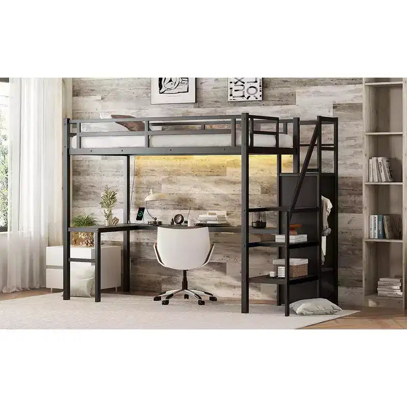 Lit mezzanine Bellemave Twin XL avec bureau en L, armoire et escaliers, lit mezzanine haut en métal avec USB, LED et étagères de rangement pour enfants, adolescents, adultes, noir