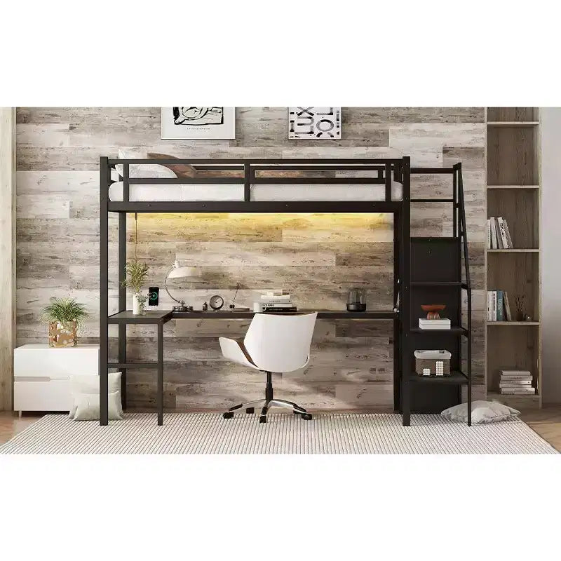Lit mezzanine Bellemave Twin XL avec bureau en L, armoire et escaliers, lit mezzanine haut en métal avec USB, LED et étagères de rangement pour enfants, adolescents, adultes, noir