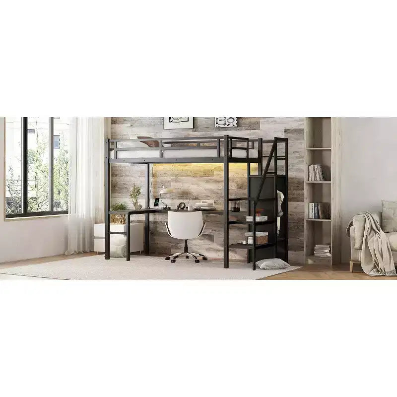 Lit mezzanine Bellemave Twin XL avec bureau en L, armoire et escaliers, lit mezzanine haut en métal avec USB, LED et étagères de rangement pour enfants, adolescents, adultes, noir
