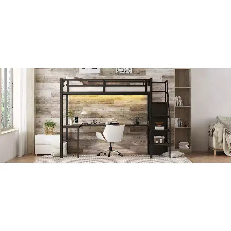 Lit mezzanine Bellemave Twin XL avec bureau en L, armoire et escaliers, lit mezzanine haut en métal avec USB, LED et étagères de rangement pour enfants, adolescents, adultes, noir