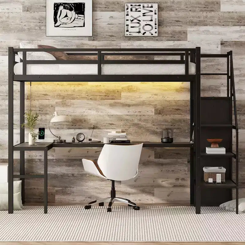 Lit mezzanine Bellemave Twin XL avec bureau en L, armoire et escaliers, lit mezzanine haut en métal avec USB, LED et étagères de rangement pour enfants, adolescents, adultes, noir