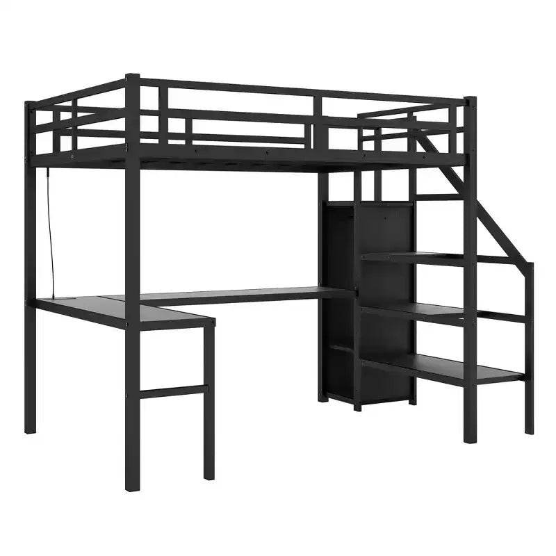 Lit mezzanine Bellemave Twin XL avec bureau en L, armoire et escaliers, lit mezzanine haut en métal avec USB, LED et étagères de rangement pour enfants, adolescents, adultes, noir