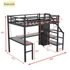 Lit mezzanine Bellemave Twin XL avec bureau en L, armoire et escaliers, lit mezzanine haut en métal avec USB, LED et étagères de rangement pour enfants, adolescents, adultes, noir