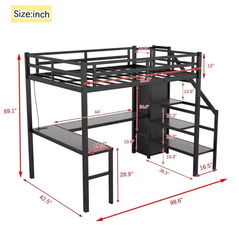 Lit mezzanine Bellemave Twin XL avec bureau en L, armoire et escaliers, lit mezzanine haut en métal avec USB, LED et étagères de rangement pour enfants, adolescents, adultes, noir