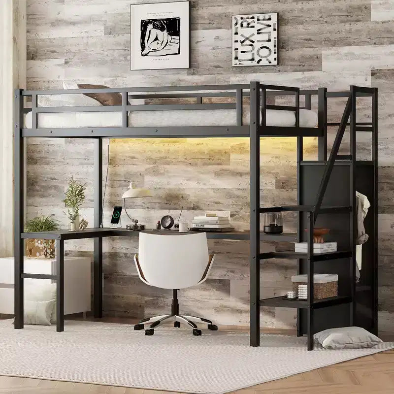 Lit mezzanine Bellemave Twin XL avec bureau en L, armoire et escaliers, lit mezzanine haut en métal avec USB, LED et étagères de rangement pour enfants, adolescents, adultes, noir
