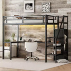 Lit mezzanine Bellemave Twin XL avec bureau en L, armoire et escaliers, lit mezzanine haut en métal avec USB, LED et étagères de rangement pour enfants, adolescents, adultes, noir