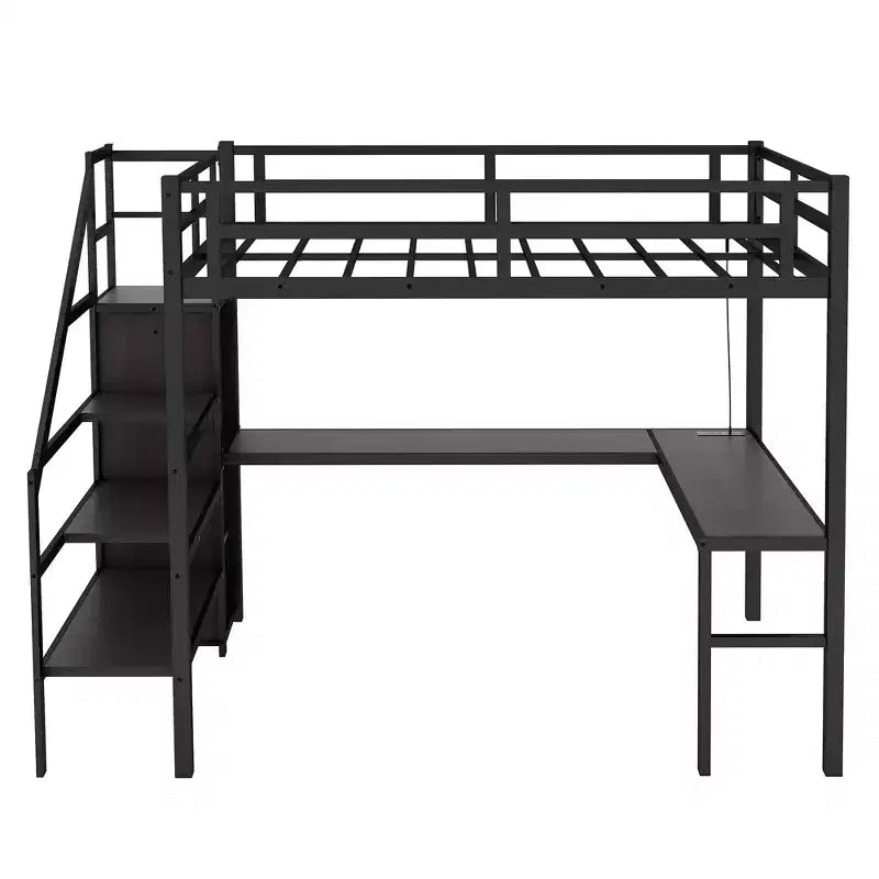 Lit mezzanine Bellemave Twin XL avec bureau en L, armoire et escaliers, lit mezzanine haut en métal avec USB, LED et étagères de rangement pour enfants, adolescents, adultes, noir