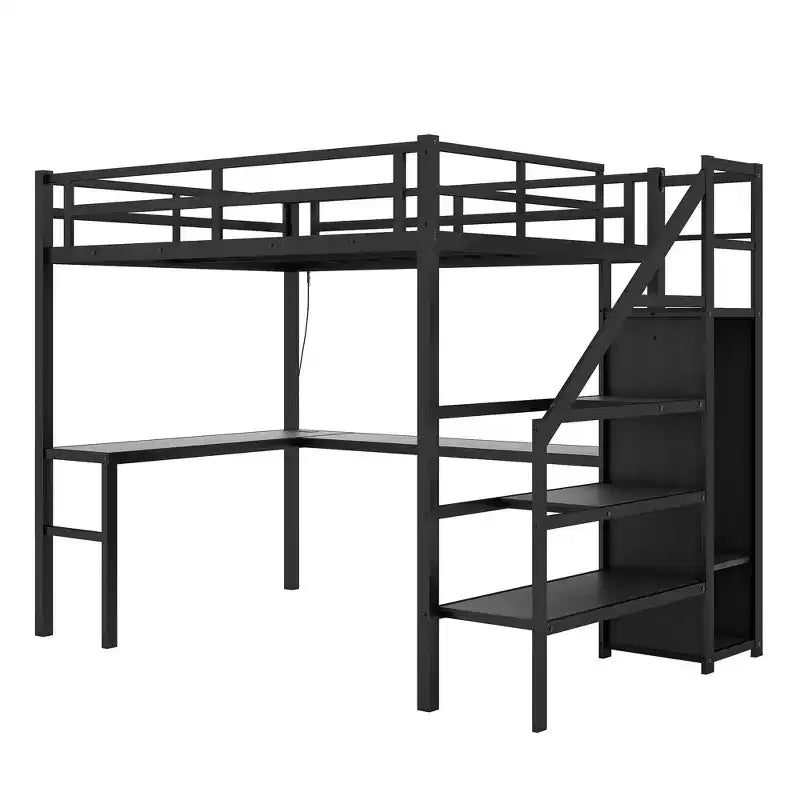 Lit mezzanine Bellemave Twin XL avec bureau en L, armoire et escaliers, lit mezzanine haut en métal avec USB, LED et étagères de rangement pour enfants, adolescents, adultes, noir