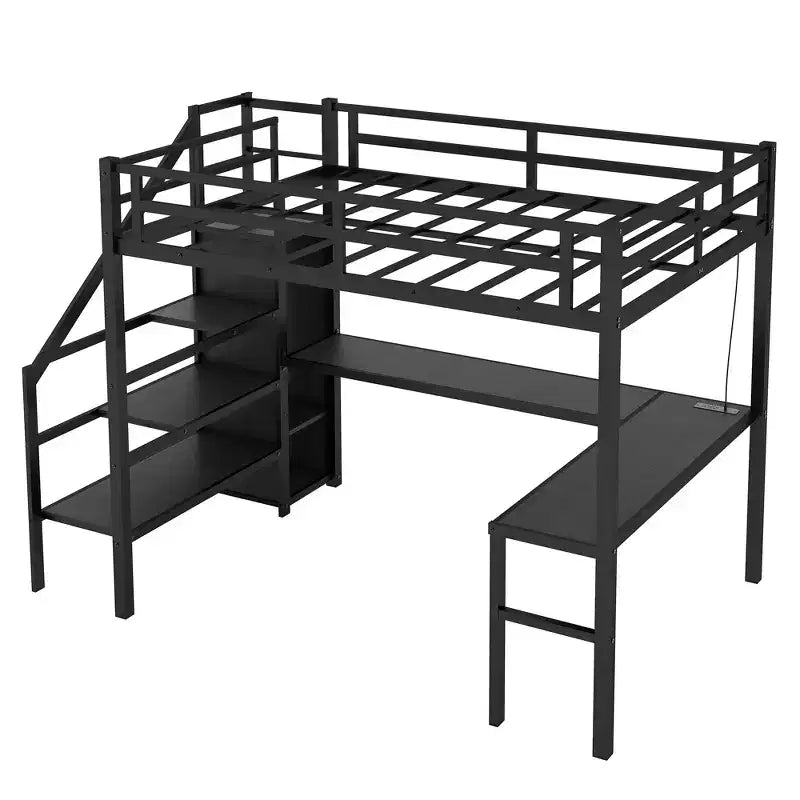 Lit mezzanine Bellemave Twin XL avec bureau en L, armoire et escaliers, lit mezzanine haut en métal avec USB, LED et étagères de rangement pour enfants, adolescents, adultes, noir