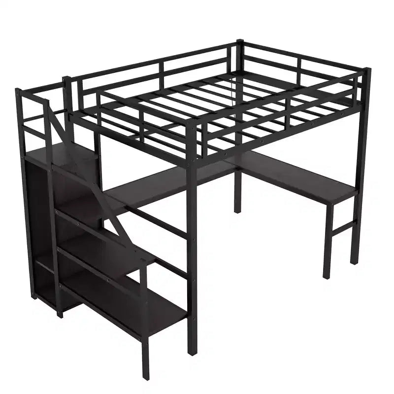 Lit mezzanine Bellemave Twin XL avec bureau en L, armoire et escaliers, lit mezzanine haut en métal avec USB, LED et étagères de rangement pour enfants, adolescents, adultes, noir