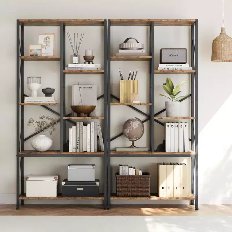 Étagères rustiques de ferme, bibliothèque ouverte réglable, étagères industrielles en bois et métal noir, bibliothèque pour bureau à domicile, salon, chambre à coucher