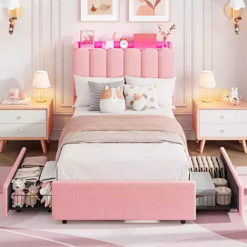 COZONY Lit capitonné avec tête de lit de rangement, lit plateforme avec tiroirs et bibliothèque, aucun sommier tapissier requis