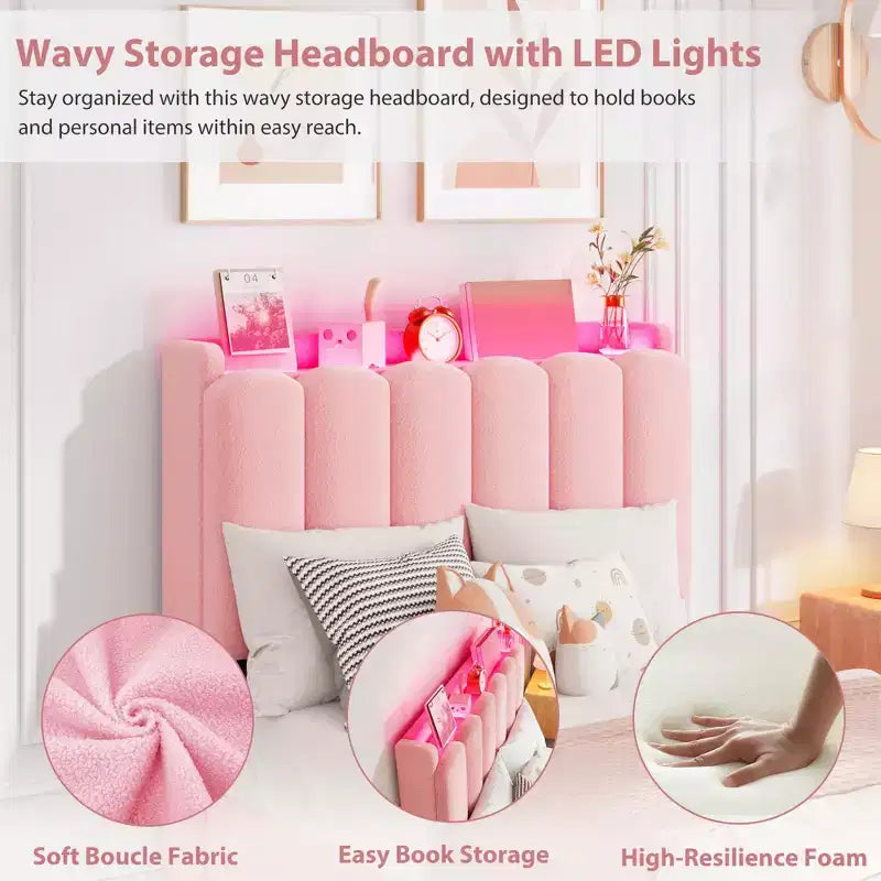 COZONY Lit capitonné avec tête de lit de rangement, lit plateforme avec tiroirs et bibliothèque, aucun sommier tapissier requis