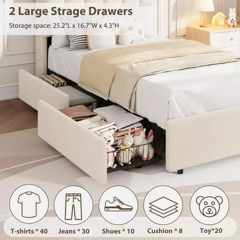 COZONY Lit capitonné avec tête de lit de rangement, lit plateforme avec tiroirs et bibliothèque, aucun sommier tapissier requis