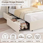 COZONY Lit capitonné avec tête de lit de rangement, lit plateforme avec tiroirs et bibliothèque, aucun sommier tapissier requis