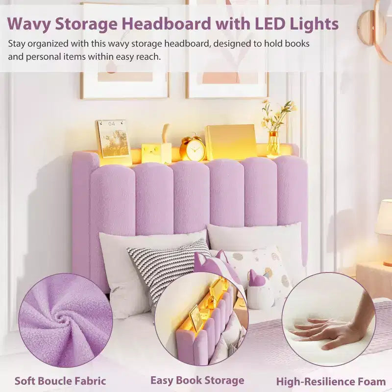 COZONY Lit capitonné avec tête de lit de rangement, lit plateforme avec tiroirs et bibliothèque, aucun sommier tapissier requis