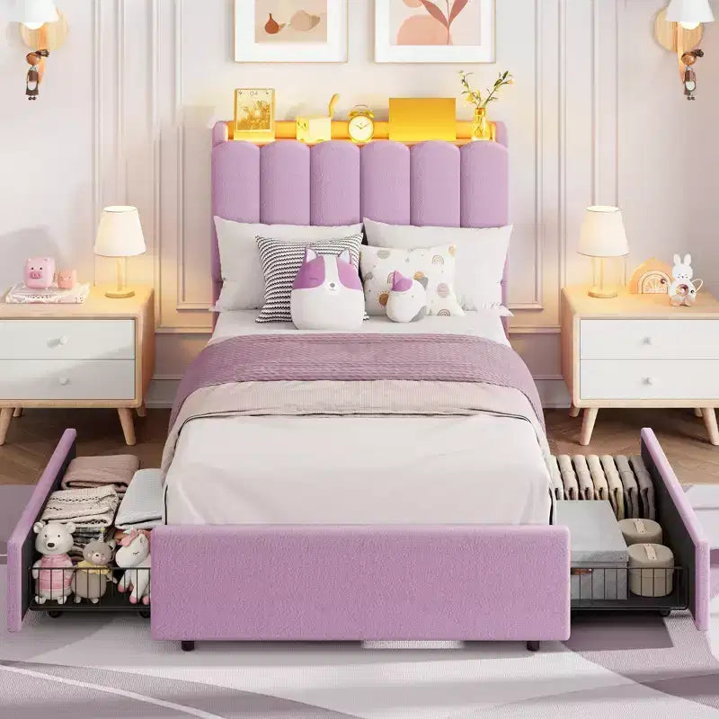 COZONY Lit capitonné avec tête de lit de rangement, lit plateforme avec tiroirs et bibliothèque, aucun sommier tapissier requis