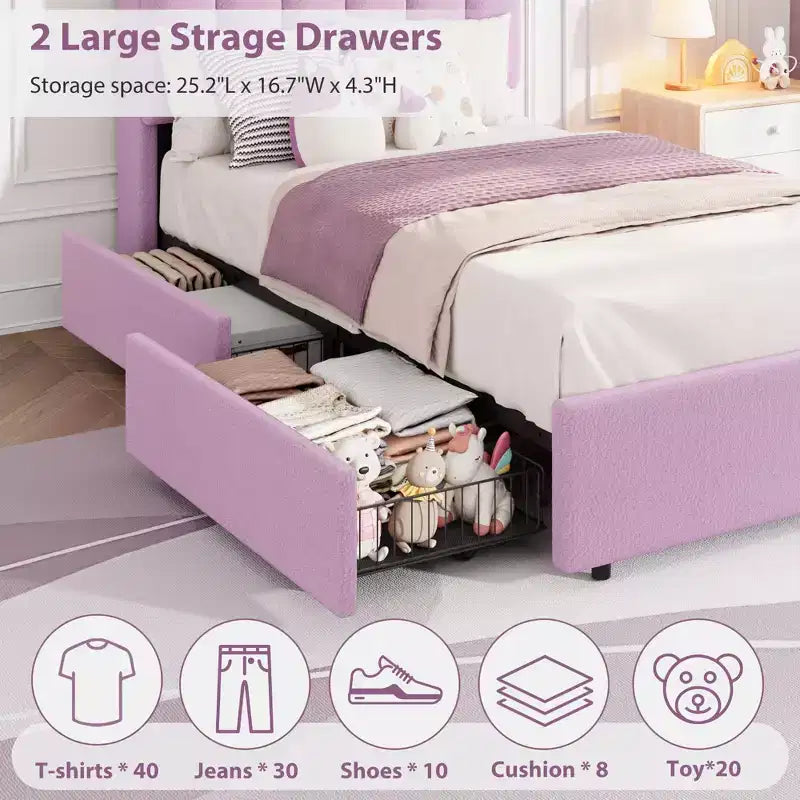 COZONY Lit capitonné avec tête de lit de rangement, lit plateforme avec tiroirs et bibliothèque, aucun sommier tapissier requis