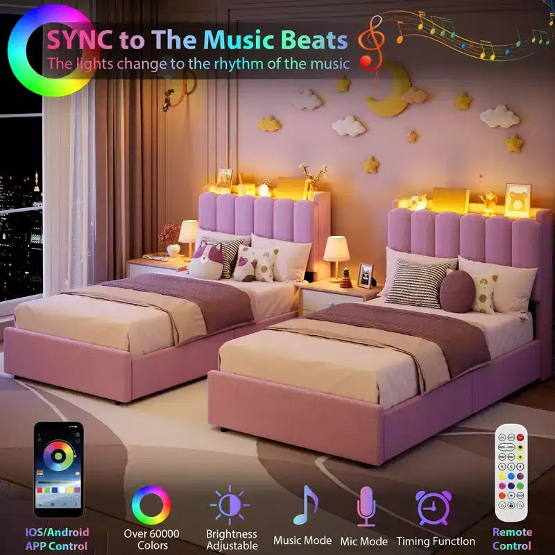 COZONY Lit capitonné avec tête de lit de rangement, lit plateforme avec tiroirs et bibliothèque, aucun sommier tapissier requis