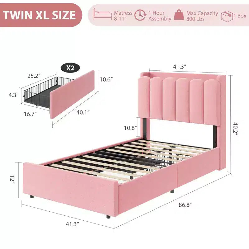 COZONY Lit capitonné avec tête de lit de rangement, lit plateforme avec tiroirs et bibliothèque, aucun sommier tapissier requis