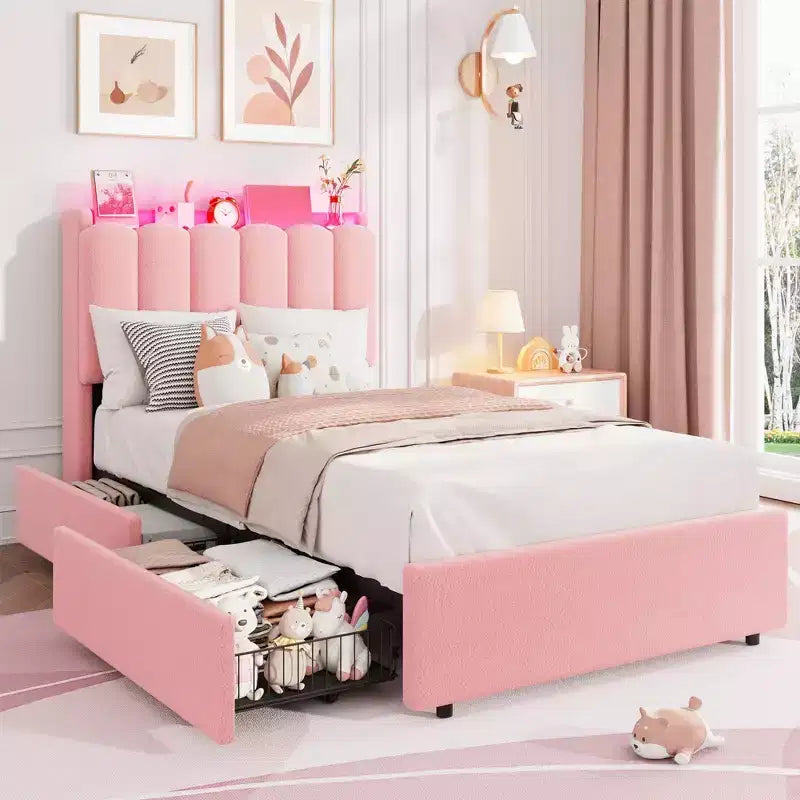 COZONY Lit capitonné avec tête de lit de rangement, lit plateforme avec tiroirs et bibliothèque, aucun sommier tapissier requis