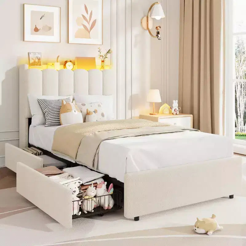 COZONY Lit capitonné avec tête de lit de rangement, lit plateforme avec tiroirs et bibliothèque, aucun sommier tapissier requis