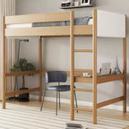 Twin Size Loft Bed with Built-in Desk, Boucle Upholstered Headboard/Footboard, Rubber Wood Bed Frame, Natural - ModernLuxe