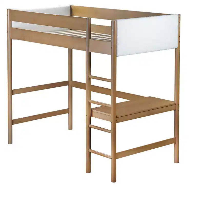 Lit mezzanine simple avec bureau intégré, tête et pied de lit rembourrés en tissu bouclé, cadre de lit en bois d'hévéa, naturel - ModernLuxe