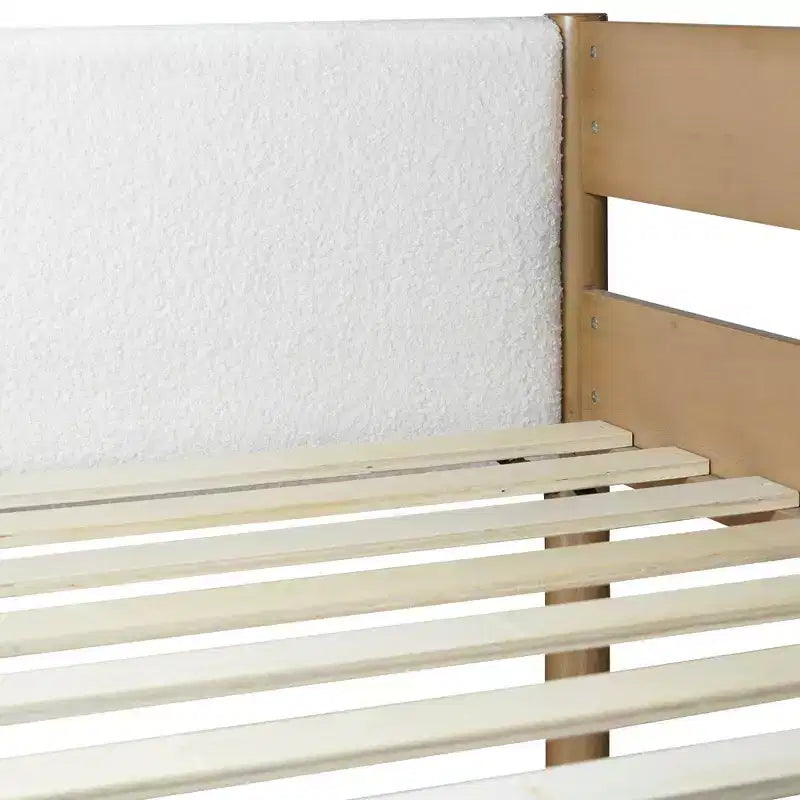 Lit mezzanine simple avec bureau intégré, tête et pied de lit rembourrés en tissu bouclé, cadre de lit en bois d'hévéa, naturel - ModernLuxe