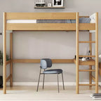 Lit mezzanine simple avec bureau intégré, tête et pied de lit rembourrés en tissu bouclé, cadre de lit en bois d'hévéa, naturel - ModernLuxe