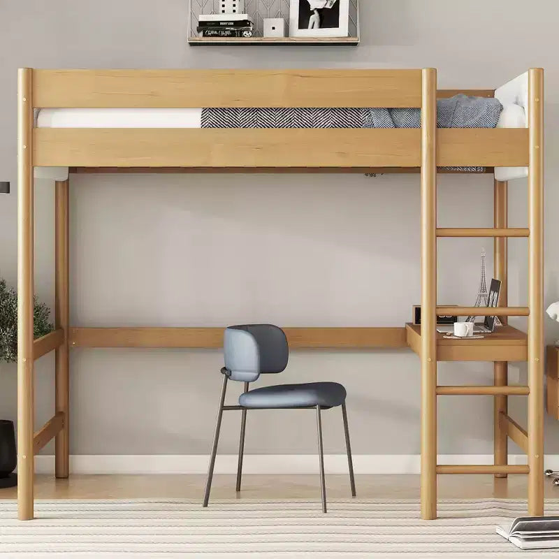 Lit mezzanine simple avec bureau intégré, tête et pied de lit rembourrés en tissu bouclé, cadre de lit en bois d'hévéa, naturel - ModernLuxe