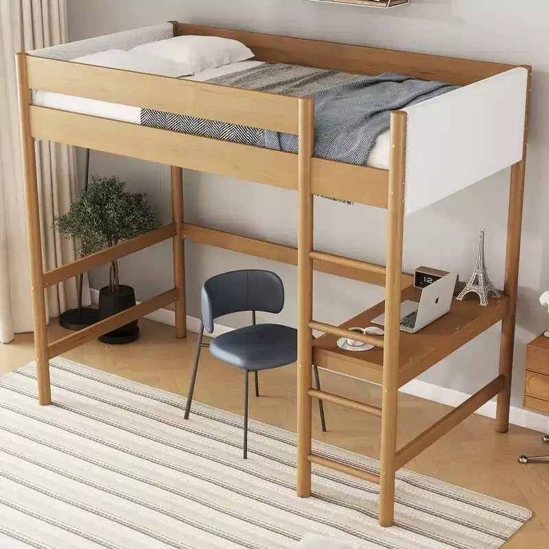 Lit mezzanine simple avec bureau intégré, tête et pied de lit rembourrés en tissu bouclé, cadre de lit en bois d'hévéa, naturel - ModernLuxe