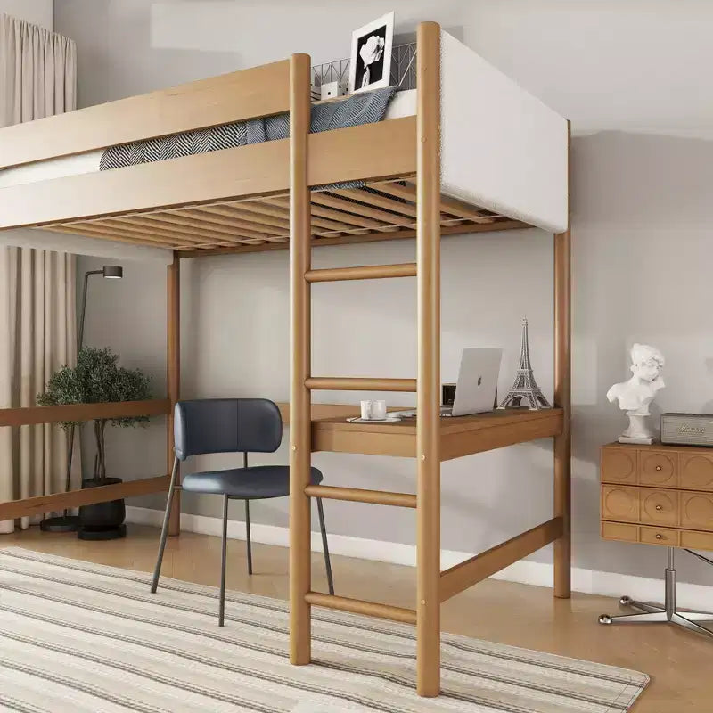 Lit mezzanine simple avec bureau intégré, tête et pied de lit rembourrés en tissu bouclé, cadre de lit en bois d'hévéa, naturel - ModernLuxe