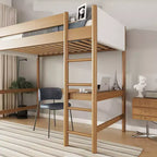 Lit mezzanine simple avec bureau intégré, tête et pied de lit rembourrés en tissu bouclé, cadre de lit en bois d'hévéa, naturel - ModernLuxe