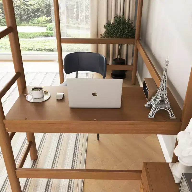 Lit mezzanine simple avec bureau intégré, tête et pied de lit rembourrés en tissu bouclé, cadre de lit en bois d'hévéa, naturel - ModernLuxe