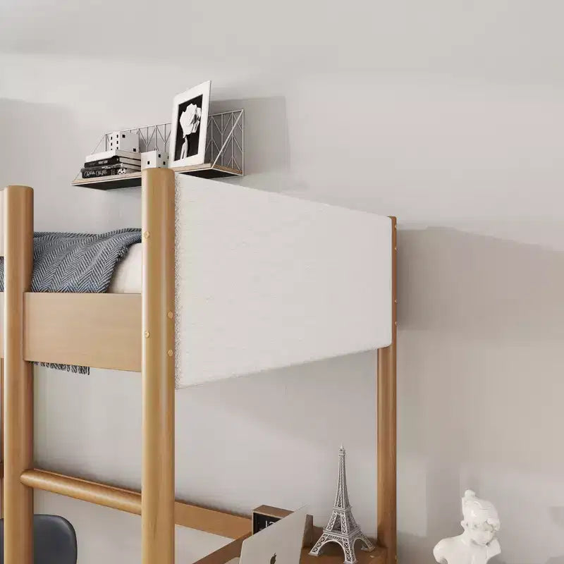 Lit mezzanine simple avec bureau intégré, tête et pied de lit rembourrés en tissu bouclé, cadre de lit en bois d'hévéa, naturel - ModernLuxe