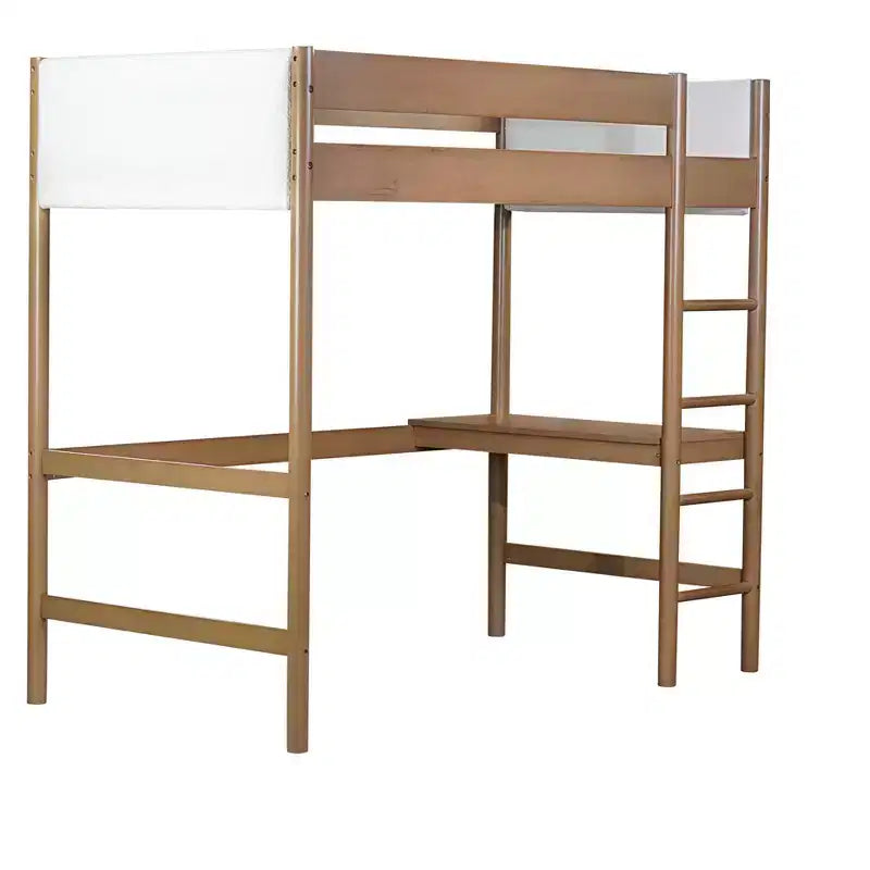Lit mezzanine simple avec bureau intégré, tête et pied de lit rembourrés en tissu bouclé, cadre de lit en bois d'hévéa, naturel - ModernLuxe