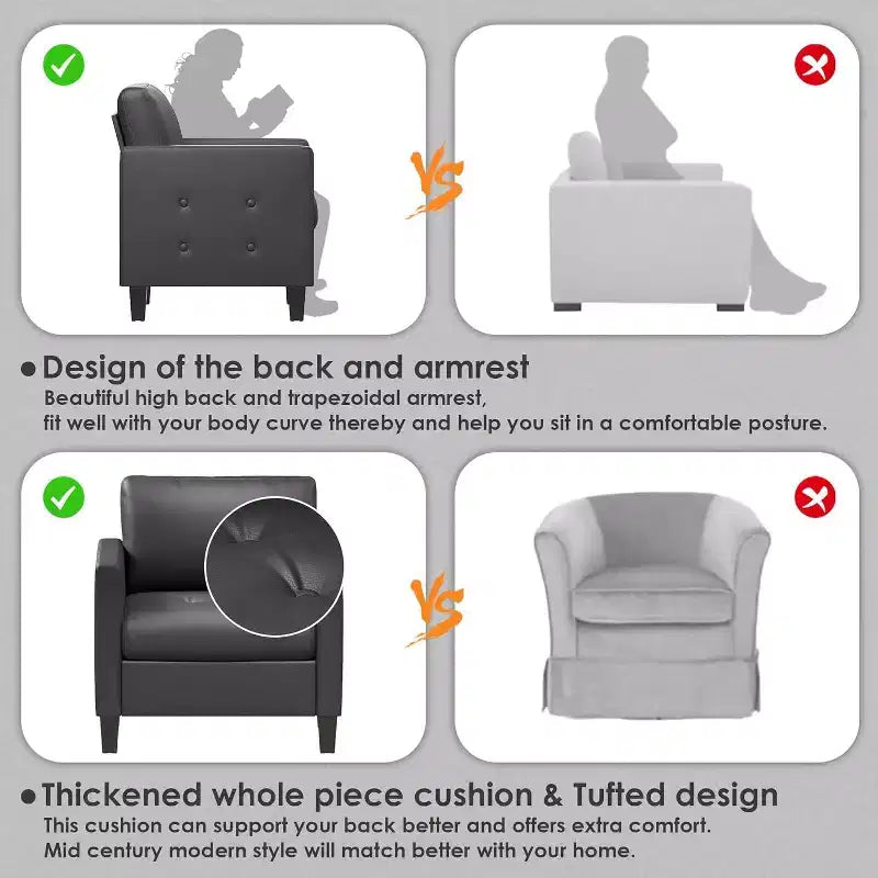 Fauteuil d'appoint noir TYBOATLE, fauteuil de lecture moderne en similicuir avec assise capitonnée pour salon, chambre, salle de lecture, salle d'attente