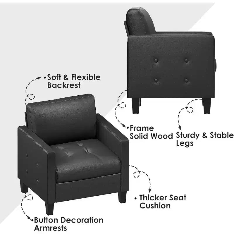 Fauteuil d'appoint noir TYBOATLE, fauteuil de lecture moderne en similicuir avec assise capitonnée pour salon, chambre, salle de lecture, salle d'attente