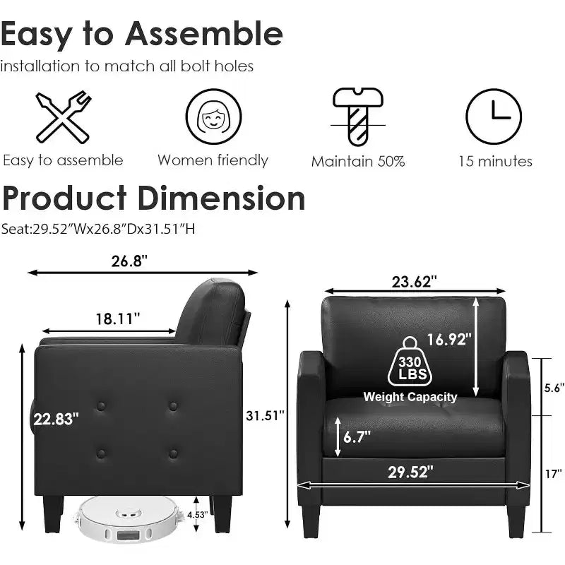 Fauteuil d'appoint noir TYBOATLE, fauteuil de lecture moderne en similicuir avec assise capitonnée pour salon, chambre, salle de lecture, salle d'attente