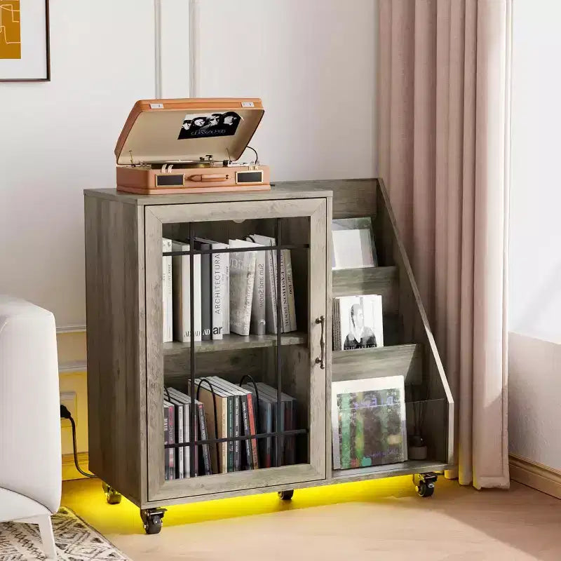 VINGLI Record Player Stand with Vinyl Storage, Vinyl Record Holder Up to 350 Albums, Record Player Table with LEDCharging Station