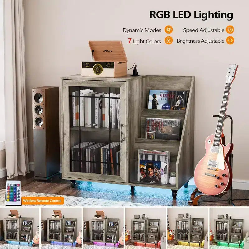 Meuble de support pour tourne-disque VINGLI avec rangement pour vinyles, support pour disques vinyles jusqu'à 350 albums, table pour tourne-disque avec station de charge LED