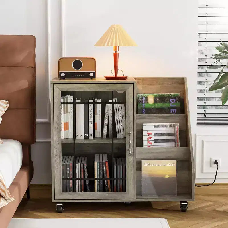 Meuble de support pour tourne-disque VINGLI avec rangement pour vinyles, support pour disques vinyles jusqu'à 350 albums, table pour tourne-disque avec station de charge LED