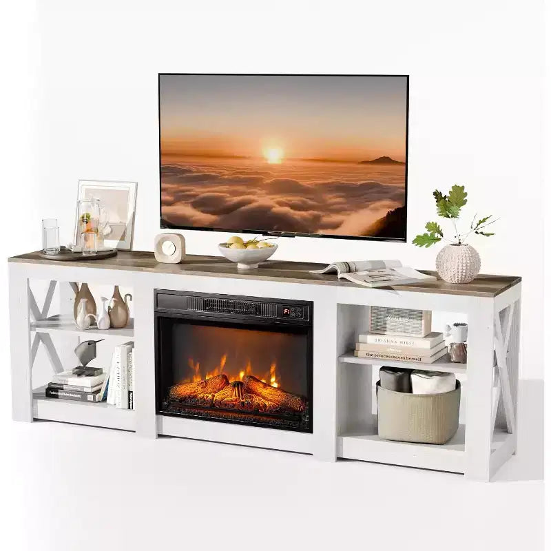 Meuble TV VINGLI pour téléviseurs jusqu'à 80 pouces, centre de divertissement de style ferme avec cheminée électrique et étagères réglables