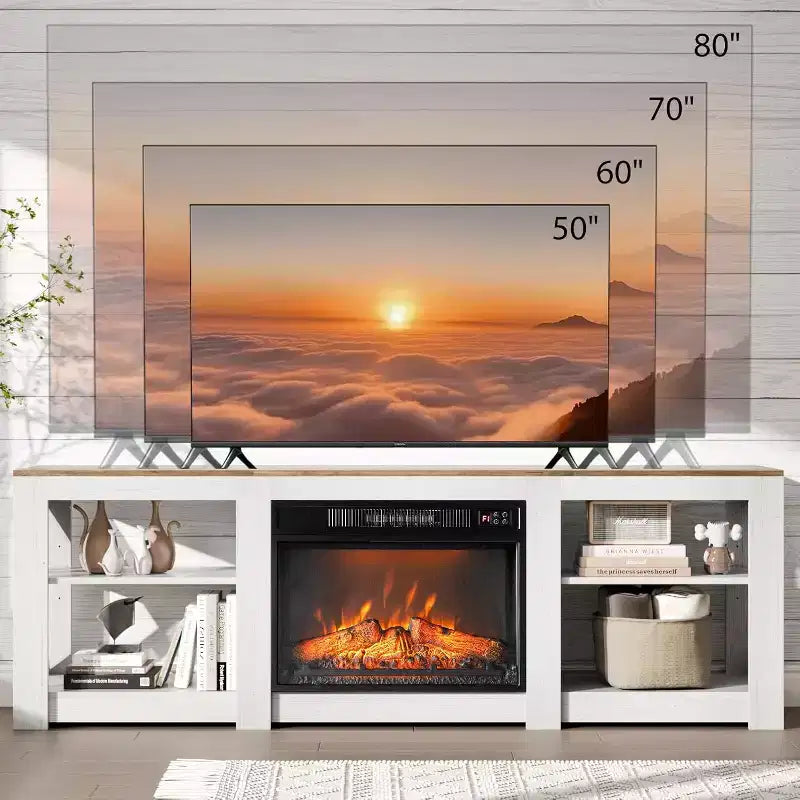 Meuble TV VINGLI pour téléviseurs jusqu'à 80 pouces, centre de divertissement de style ferme avec cheminée électrique et étagères réglables