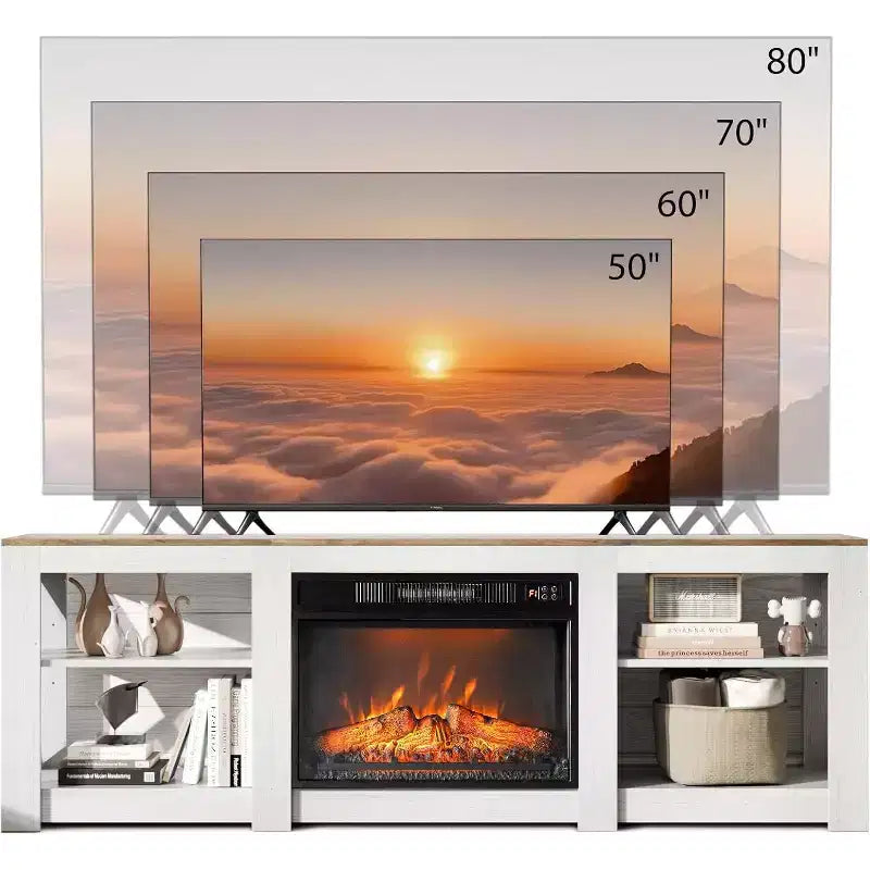 Meuble TV VINGLI pour téléviseurs jusqu'à 80 pouces, centre de divertissement de style ferme avec cheminée électrique et étagères réglables