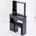 Small vanity table with left drawer, extra-large sliding mirror, cushioned stool, multiple layers and large capacity.